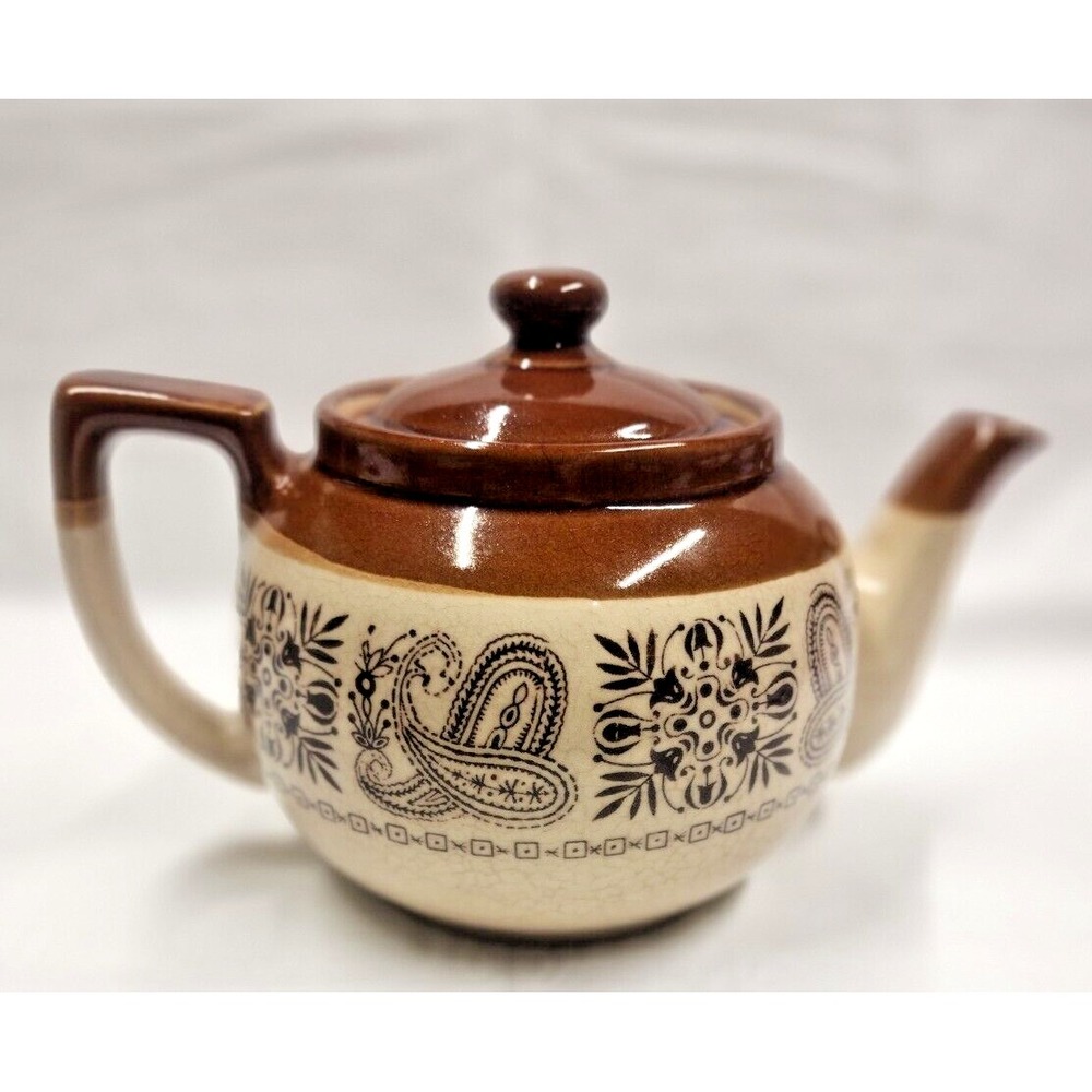 Vintage Stoneware Teapot with Paisley Design, brown and beige Grannycore pottery